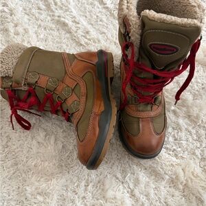 Women’s Olive & Brown Insulated Winter Boots with Red Lace Accents